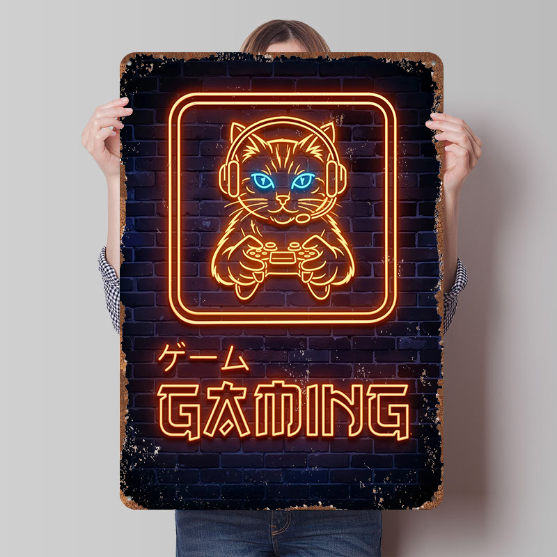 Retro Gaming At - Неоновый постер с принтом кошки для
